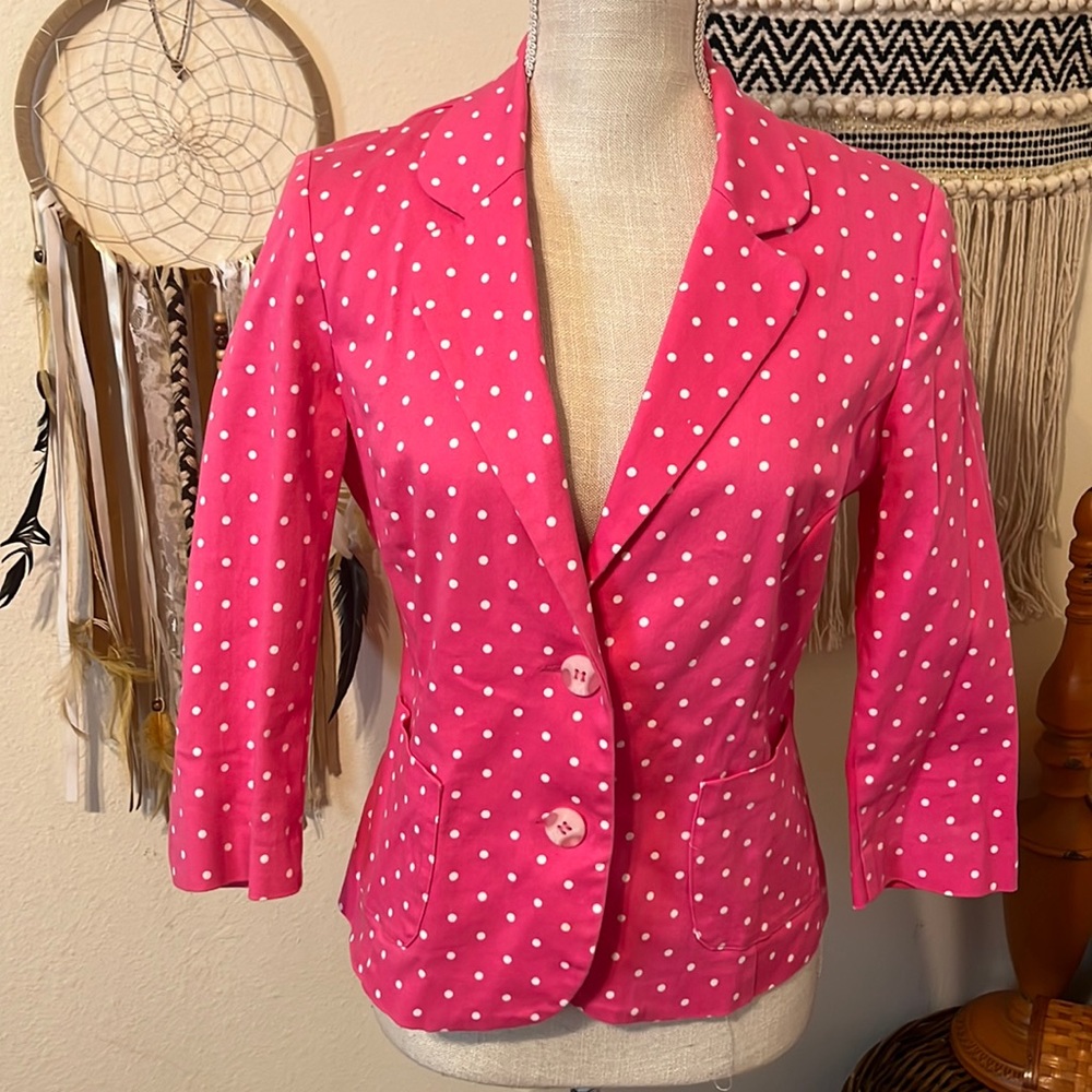 Pink and White Polka Dot Women’s Blazer with 3/4 Sleeve by Tara Jones/ Size 12